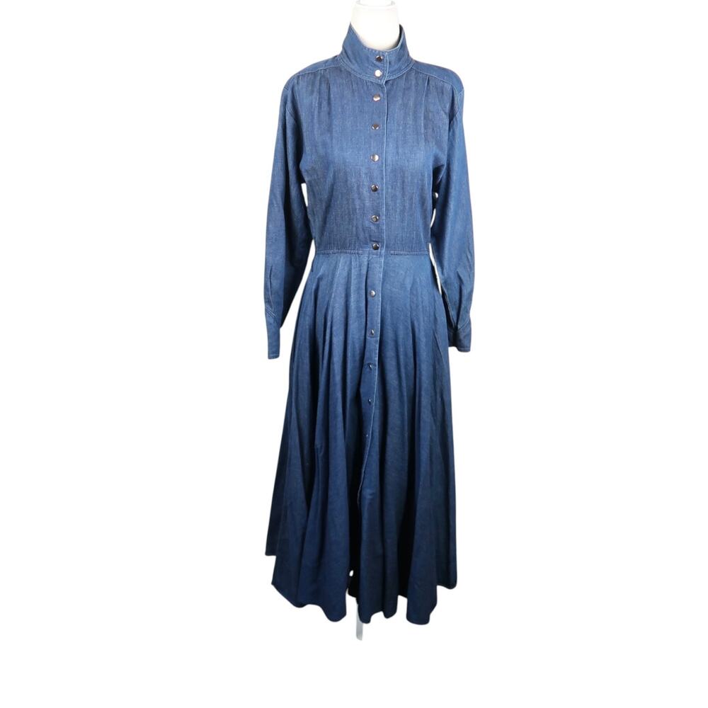 Vintage 70s Choon Blue Denim Snap Front Maxi Dress Western Victorian